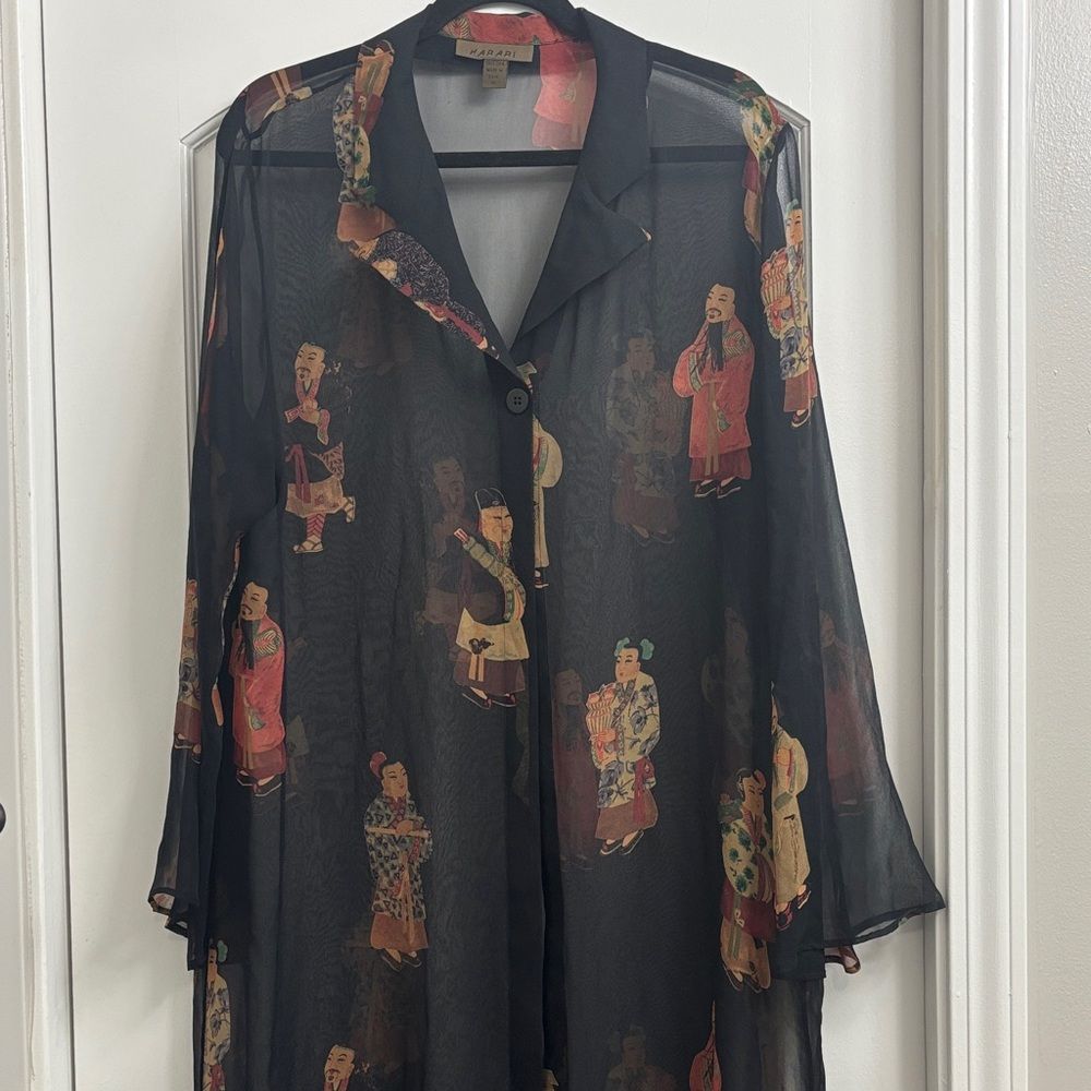 Harari 100% Silk Sheer Black Kimono. Size Xl